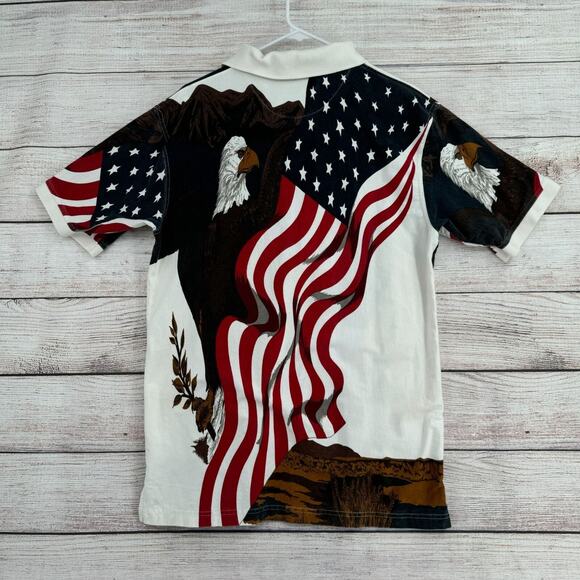 Vintage Royal Air AOP American Flag Bald Eagle Print Polo Shirt Men's L White‎ - Picture 2 of 11